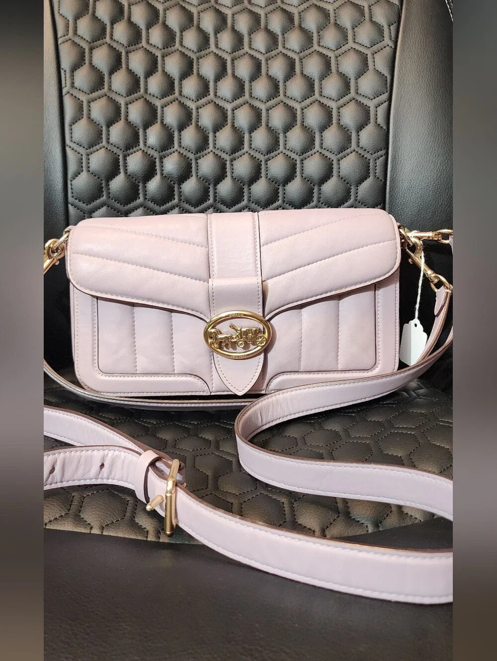 Coach Quilted Crossbody Bag in Light Pink with Gold Hardware